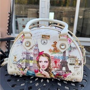 Elegant Cream Cityscape Satchel with wallet